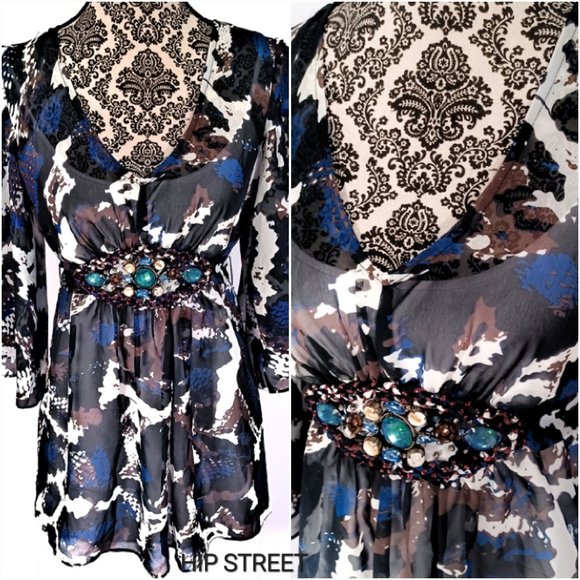 ECI Jeweled Waist Angel Sleeve V Neck Chiffon Tunic Blouse 6 - Picture 1 of 5